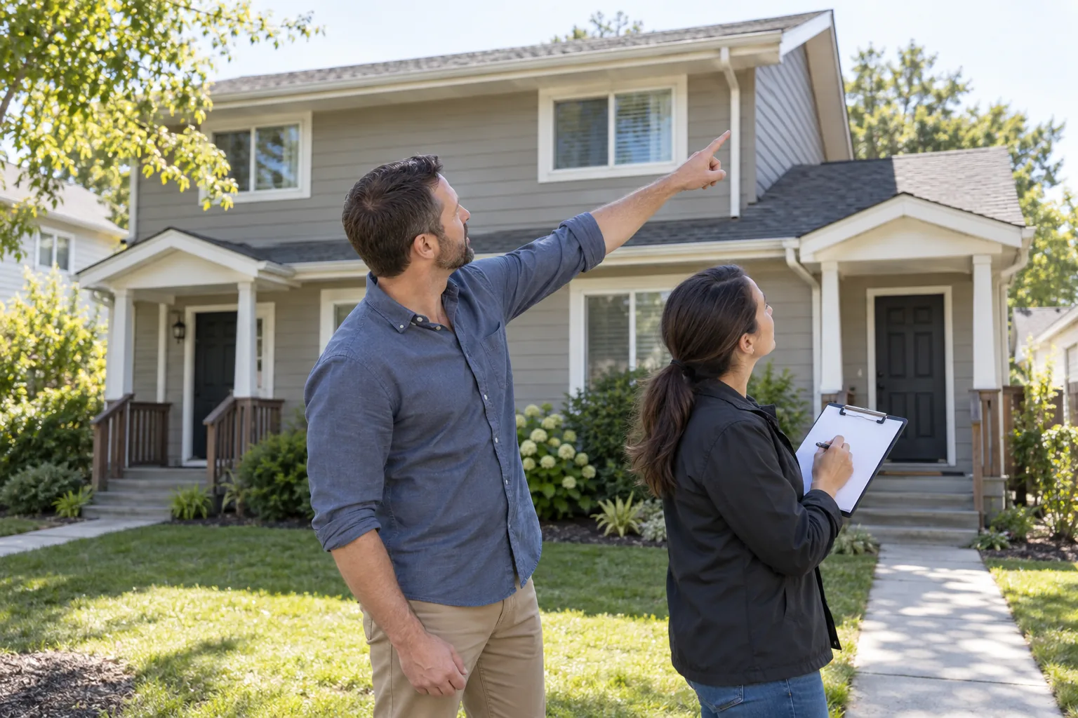 A rental-property owner and manager inspect a duplex exterior.